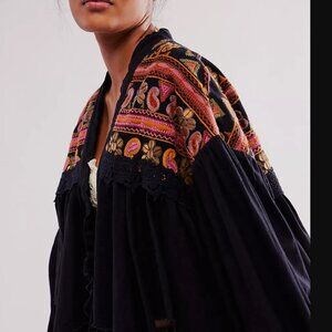 Free People Savannah Bed Jacket Embroider Lace Paisley Print Sequin Black